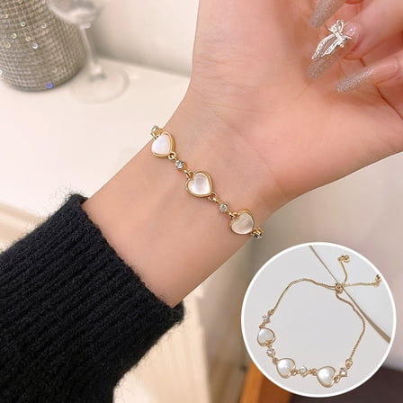 Washranp Women Bracelet Adjustable Shiny Faux Stone Golden Three Love Heart Bangle Jewelry