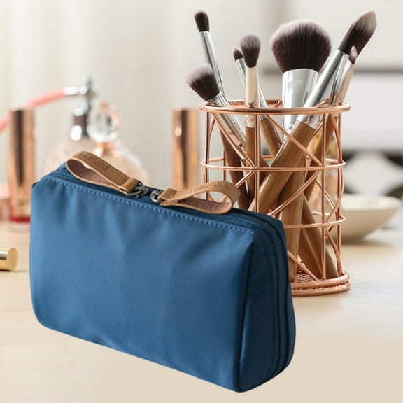 Washranp Women Cosmetic Bag,Solid Color Nylon Waterproof Large Capacity Oblong Shape Travel Toiletry Bag with Double Zippers and Dividers for Storage Organizer Tool