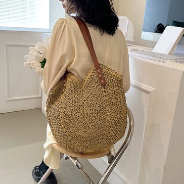 Large Capacity Rattan Woven Shoulder Bag Handmade Straw Beach Travel Tote