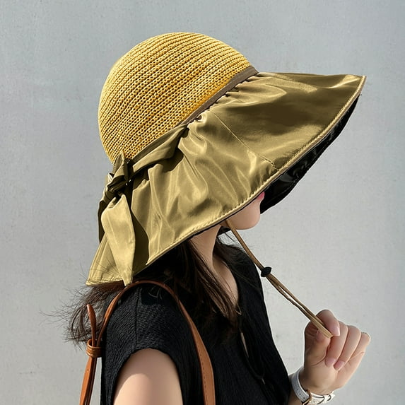 Washranp Women Sun Hat Large Bowknot Braided Breathable Wide Brim Pleated UV Fisherman Cap for Summer Outdoor