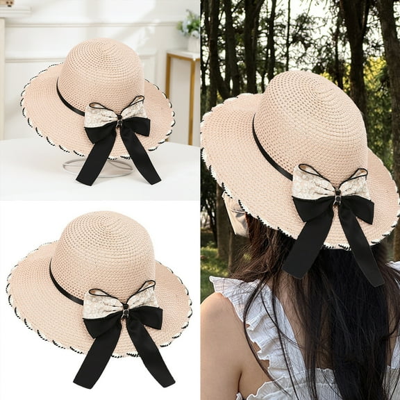 Washranp Women Sun Hats,Flower Embroidery Bow-knot Decor Wide Brim Straw Hat Round Summer Beach Hat
