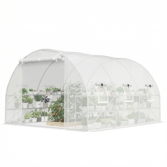 Washure 10'x11'x6' Hoop Tunnel Walk-In Greenhouse with Storage Shelves, Mesh Screen Door & Vent Windows, PE Weather Cover, White