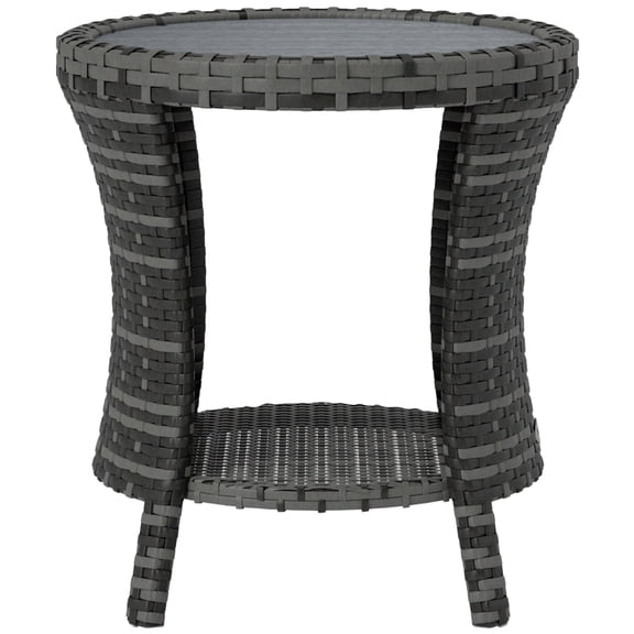 Washure 18 Inch Wicker Outdoor Coffee End Table, PE Rattan Patio Side Table with 2-Tier Storage, Composite Wood Top, Gray