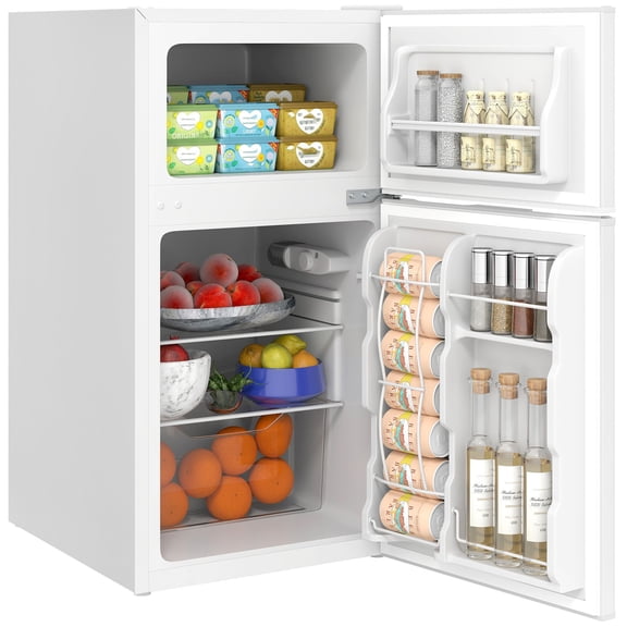 Washure 3.2 Cu.Ft Double Door Mini Refrigerator Freezer, Adjustable Shelves & Thermostat, Reversible Door Design, White