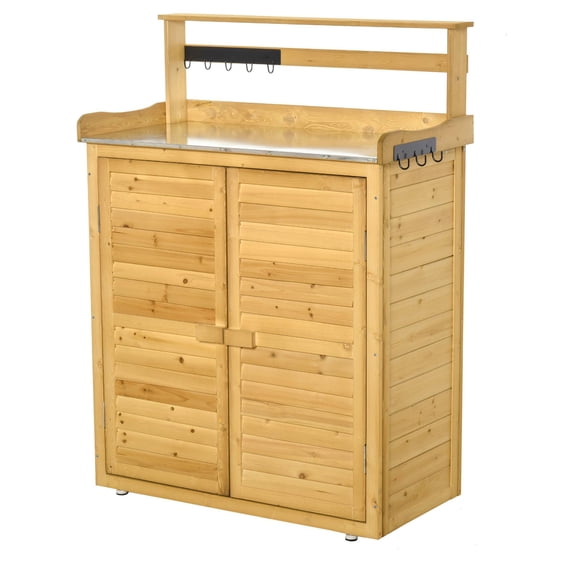 Washure 3-Tier Wooden Potting Bench, Lockable Storage Workstation Table with Magnetic Catch, Hooks & Foot Pads, 34.25 Inch Length, Yellow