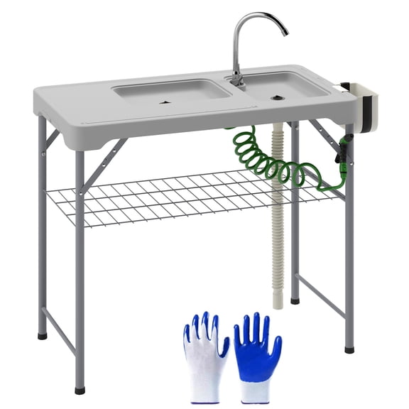 Washure Folding Fish Cleaning Table with Sinks, Portable Camping Sink Table with Faucet, Drainage Hose, Sprayer, Shelf, Drawer and Storage Basket, Outdoor Fillet Table for Picnic Beach Patio, Gray