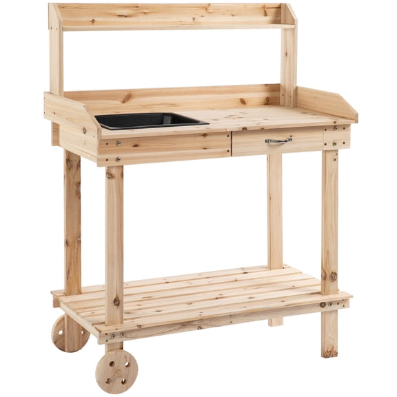 Washure Large Wooden Potting Workstation with Rolling Wheels, Sink & Drawer, Multi-space Storage Garden Work Table, Natural Wood