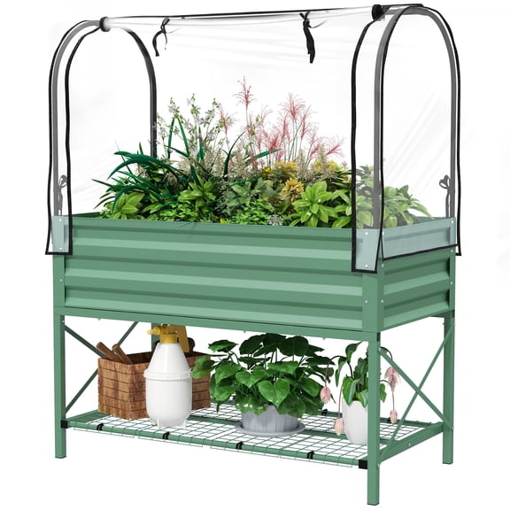 Washure Metal Elevated Raised Garden Bed with Support Legs & Greenhouse Cover, Planter Box with Bottom Rack & Liner, Green