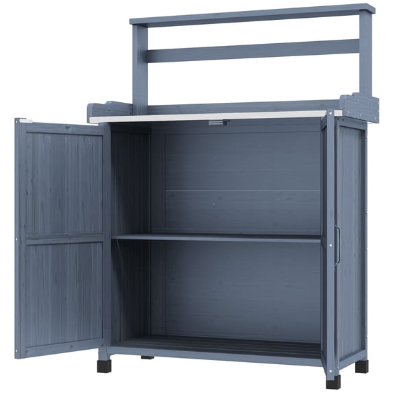 Washure Outdoor Wooden Potting Bench, Garden Work Station with Storage Cabinet & Shelf, Galvanized Metal Tabletop for Backyard, Gray