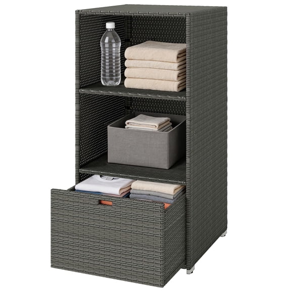 Washure Valet Pool Towel Rack, Water-Resistant PE Plastic Rattan Wicker Storage Organizer, 2 Shelves, 1 Basket Drawer, Dark Gray