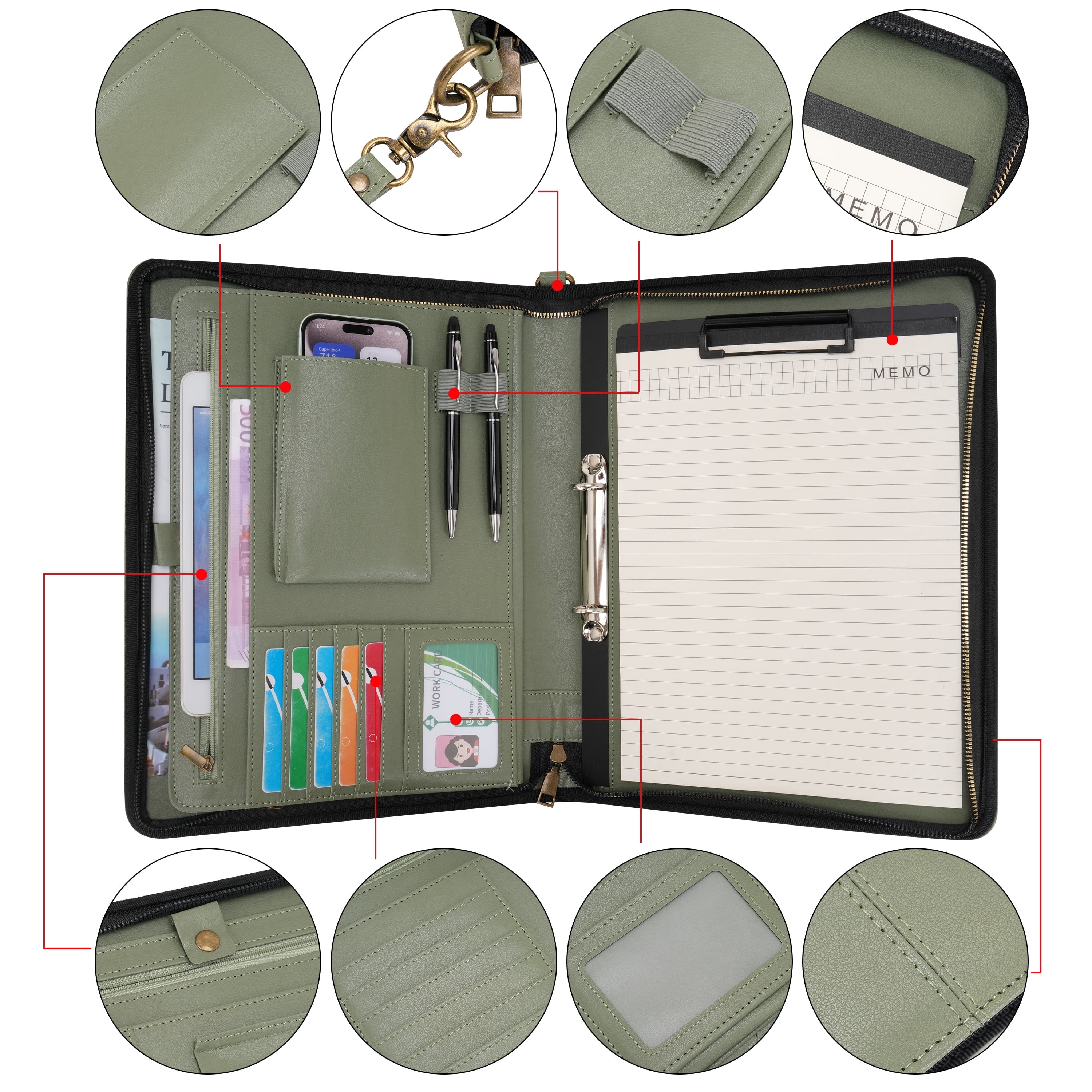 Wason A4 Portfolio with Zipper - Leather PU Padfolio with Detachable Ring Binder and Writing Notepad Holder, Conference File Multi-Pockets Organizer for Office Travel School (Green)