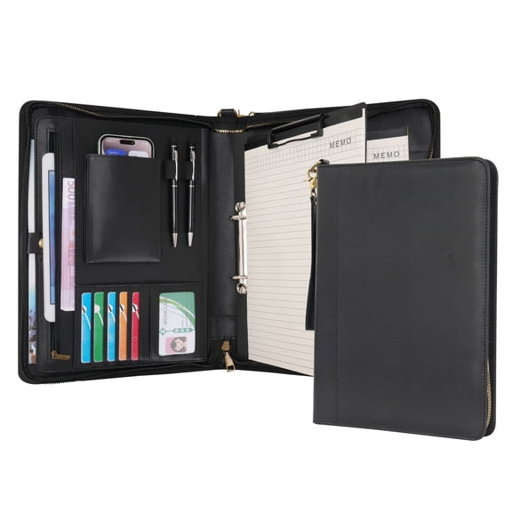 Wason A4 Portfolio with Zipper - Leather PU Padfolio with Detachable Ring Binder and Writing Notepad Holder, Conference File Multi-Pockets Organizer for Office Travel School (Black)
