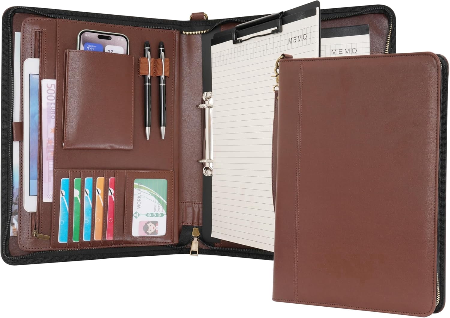 Wason A4 Portfolio with Zipper - Leather PU Padfolio with Detachable Ring Binder and Writing Notepad Holder, Conference File Multi-Pockets Organizer for Office Travel School (Coffee)