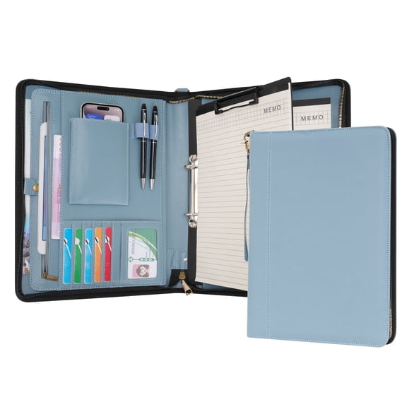 Wason A4 Portfolio with Zipper - Leather PU Padfolio with Detachable Ring Binder and Writing Notepad Holder, Conference File Multi-Pockets Organizer for Office Travel School (Misty Blue)