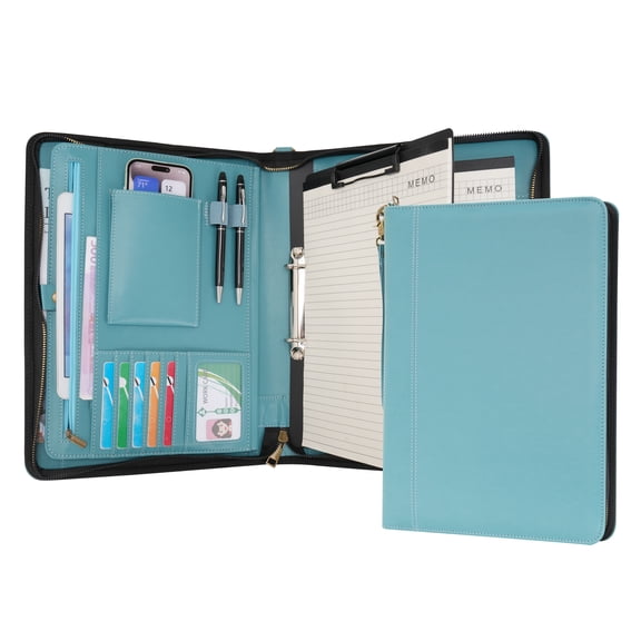 Wason A4 Portfolio with Zipper - Leather PU Padfolio with Detachable Ring Binder and Writing Notepad Holder, Conference File Multi-Pockets Organizer for Office Travel School (Cyan)