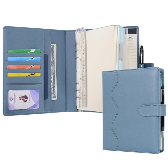 WASON A5 Binder PU Leather Journal Ring Portfolio Lined Notebook Refillable Paper Diary with Removable Clipboard Writing Notepad for Travel Business School Agenda Organizer (Blue)