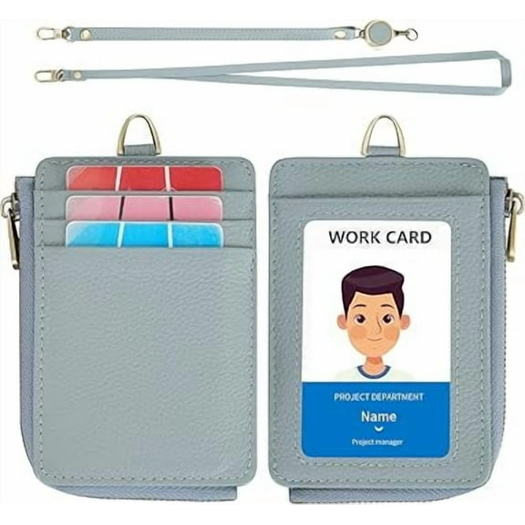 Wason Badge Holder Card Wallet Real Leather with Zipper, Detachable Neck Lanyard, Hand Strap, Retractable Badge Reel, Multi Purpose Case for ID Permit Badge Coin Key Driver's License (Light Blue)