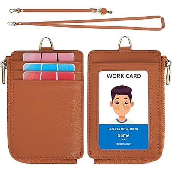 Wason Badge Holder Card Wallet Real Leather with Zipper, Detachable Neck Lanyard, Hand Strap, Retractable Badge Reel, Multi Purpose Case for ID Permit Badge Coin Key Driver's License (Brown)