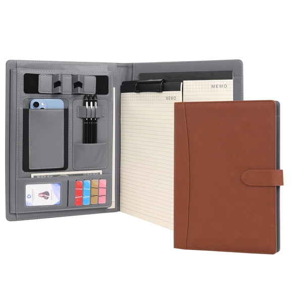 Wason Portfolio Padfolio A4 Leather Holder File Document Case with Writing Pad and Removable Clipboard for Organizer Office School Travel (Brown)