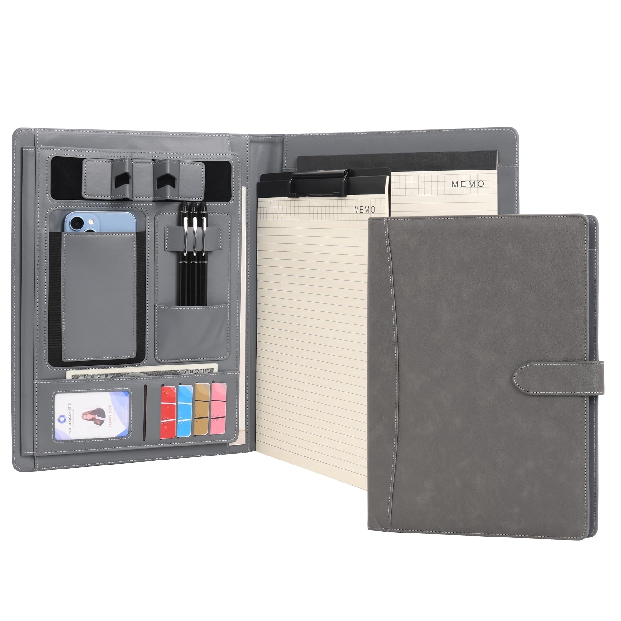 Wason Portfolio Padfolio A4 Leather Holder File Document Case with Writing Pad and Removable Clipboard for Organizer Office School Travel (Grey)