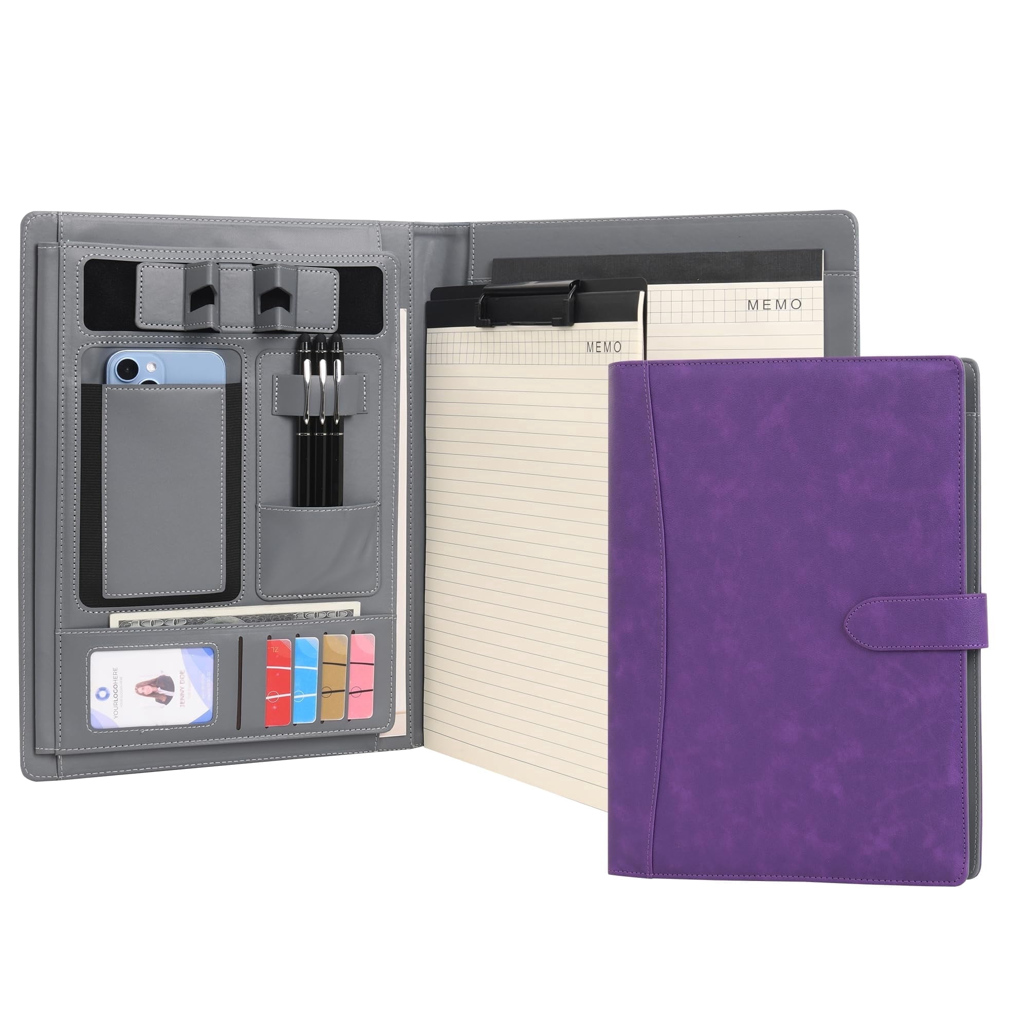 Wason Portfolio Padfolio A4 Leather Holder File Document Case with Writing Pad and Removable Clipboard for Organizer Office School Travel (Purple)