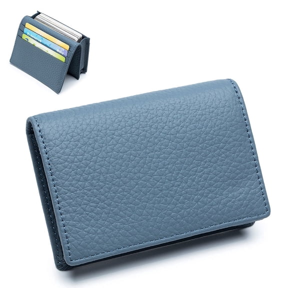 Wason Unisex Business Card Holder Top Grain Leather Slim Wallet with Coin Pocket, Dark Blue
