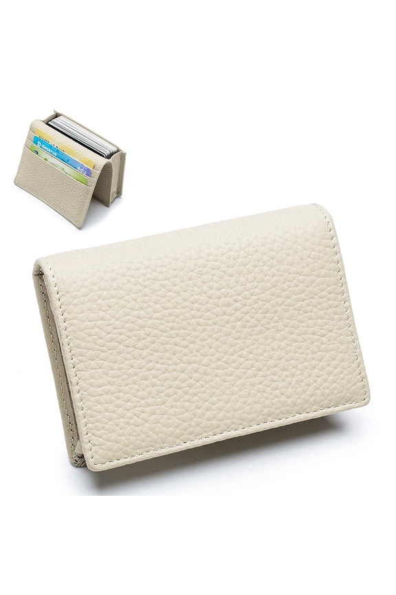 Unisex Business Card Holder Top Grain Leather Slim Wallet with Coin Pocket, Off-white