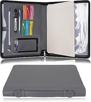 Wonderpool Travel Zippered Portfolio 3 Ring Binder A4 Padfolio Document Case with Removable Clipboard Legal Pad Holder, Business Office School Organizer for Men and Women (Gray)