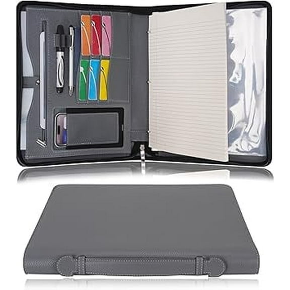 Wonderpool Travel Zippered Portfolio 3 Ring Binder A4 Padfolio Document Case with Removable Clipboard Legal Pad Holder, Business Office School Organizer for Men and Women (Gray)