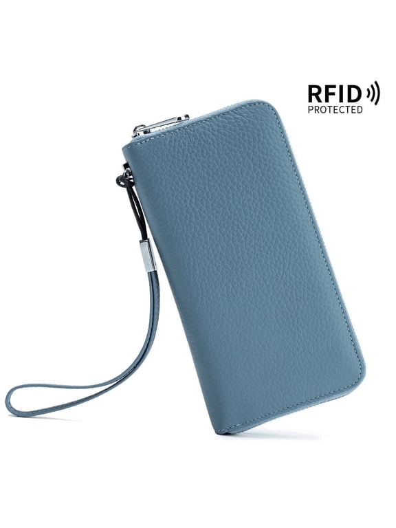 Women's RFID Blocking Long Wallet Top Grain Leather Phone Clutch with Detachable Wristlet, Denim Blue