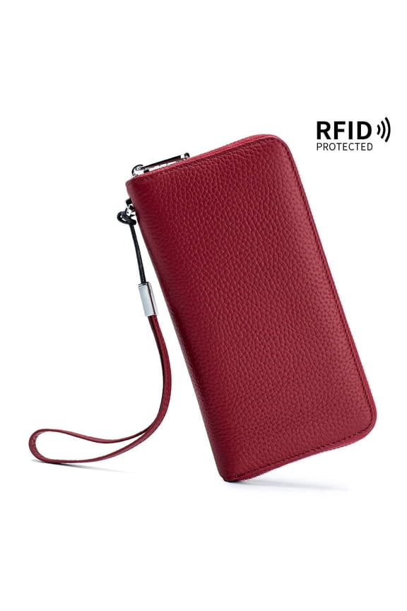 Women's RFID Blocking Long Wallet Top Grain Leather Phone Clutch with Detachable Wristlet, Wine Red