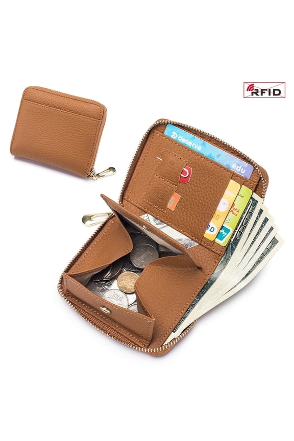 Women's RFID Blocking Short Wallet Top Grain Leather Multi-functional Card Holder with SIM Slots, Earthy Yellow