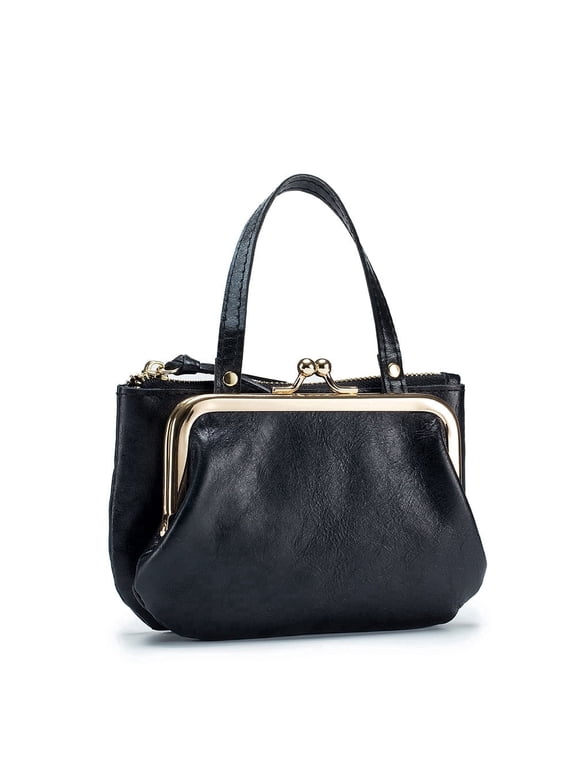 Women's Vintage Top Grain Oil Wax Leather Kiss-Lock Coin Purse with Hand Strap, Black