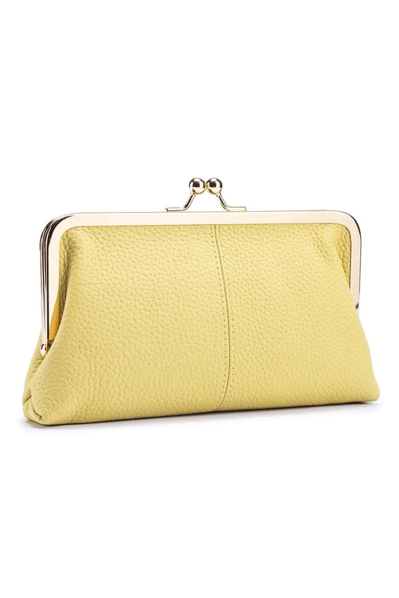 for Women European Retro Clasp Bag Genuine Leather Long Wallet with Phone Holder, Lemon Yellow