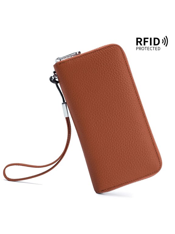 Women's RFID Blocking Long Wallet Top Grain Leather Phone Clutch with Detachable Wristlet, Caramel Brown