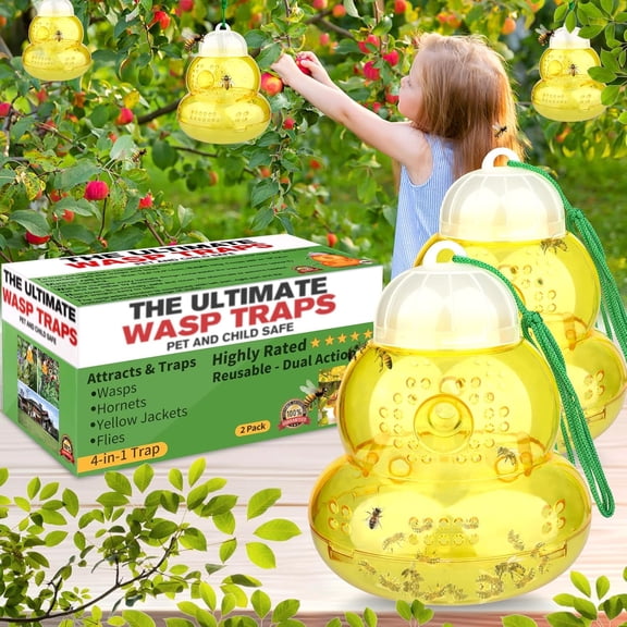 Wasp Trap Outdoor Hanging, Non-Toxic Reusable Hornet & Yellow Jacket Catcher, Effective Bee & Wasp Killer Insect Trap for Outdoor Use - 2 Pack Yellow