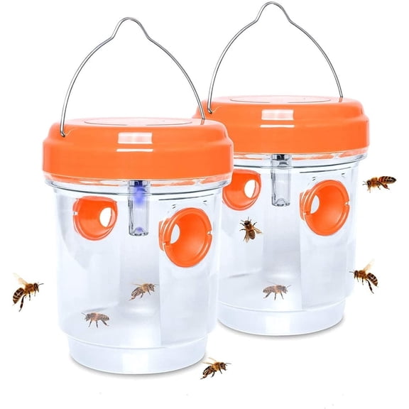 Wasp Traps Outdoor Hanging, 2 Pack Solar Wasp Trap, Orange Jacket Trap, Bee Trap for Outdside with LED Light, Flying Insects Killer, Effective and Reusable Wasp Trap for Outdoors