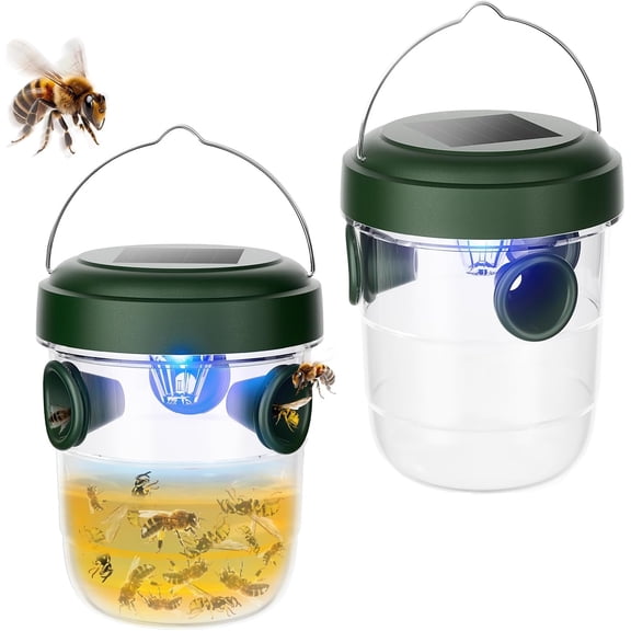 Wasp Traps Outdoor Hanging 2 Packs, Solar Powered Carpenter Bee Trap Yellow Jacket Hornet Catcher with LED Light, Reusable Wasp Deterrent Outdoor for Garden, Patio, Backyard, Camping