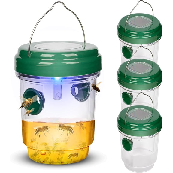 Wasp Traps Outdoor Hanging, Solar Bee Trap 4 Packs, 2025 Upgrade Deterrent Killer, Carpenter bee Catcher for Outside, Flying Insect Reusable Yellow Jacket Hornet Catchers with LED Light