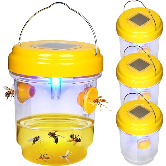 Wasp Traps Outdoor Hanging, Solar Bee Trap 4 Packs, 2026 Upgrade Yellow Jacket Trap, Carpenter for Outside, Flying Insect Reusable Hornet Catcher with LED Light