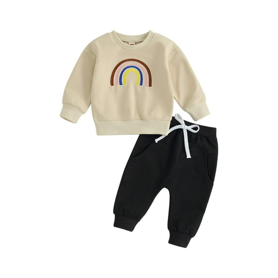 Wassery 0-3 Years Toddler Boys Clothes 2Pcs Fall Outfits Set Rainbow Embroidery Long Sleeve Sweatshirts and Solid Color Long Pants
