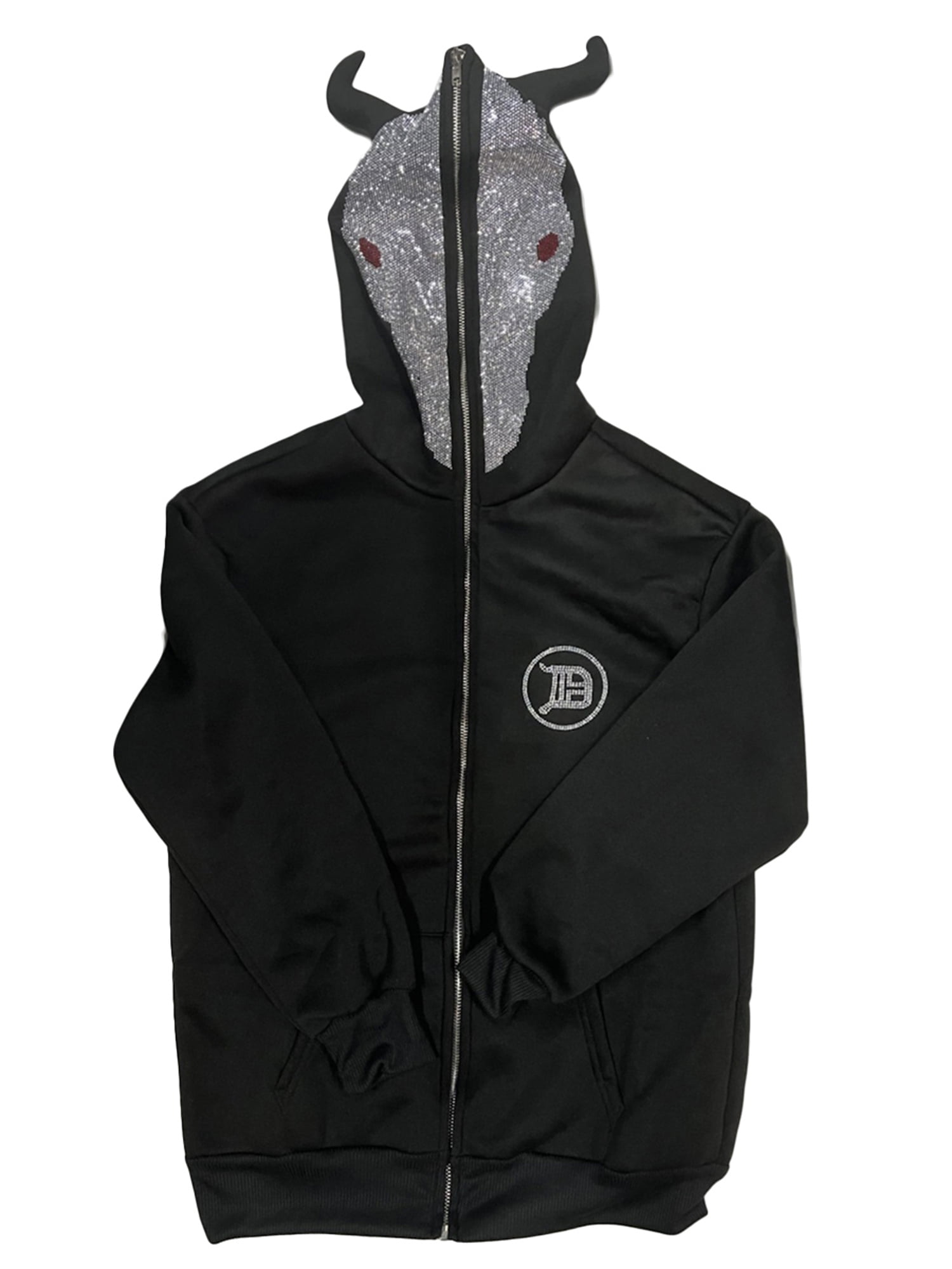 Wassery 2000s Full Zip Up Devil Horns Hoodie for Women Rhinestone