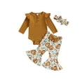 thumbnail image 1 of Wassery 2PCS Baby Girl Fall Winter Outfits Set Long Sleeve Ribbed Romper Tops+ Pumpkin Bell Bottoms + Headband Set 3 6 12 18 Months Infant Halloween Clothes, 1 of 8