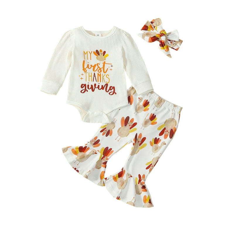 Wassery 2PCS Baby Girl Thanksgiving Outfits Set Long Sleeve Ribbed Letters Print Romper Tops Turkey Bell Bottoms Headband Set 3 6 12 18 Months Infant Fall Thanksgiving Clothes Walmart