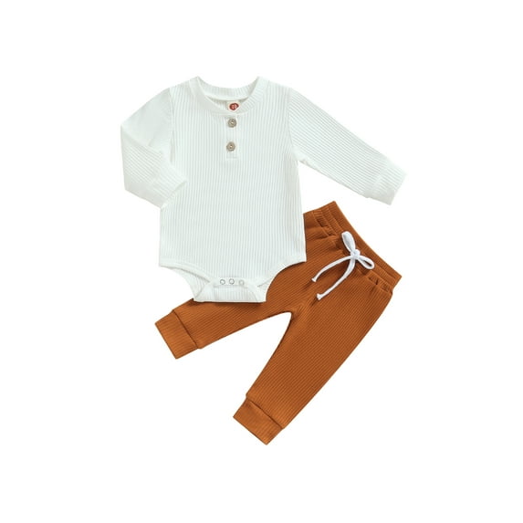 Wassery 2PCS Newborn Baby Girls Outfits Ribbed Long Sleeve Button Romper Bodysuit Elastic Pants 3 6 12 18 24 Months Infant Fall Clothes