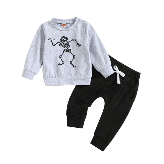 Wassery 2PCS Toddler Boys Pants Sets Infant Boys Fall Clothes Long Sleeve Skeleton Print Sweatshirt Tops and Drawstring Pants Infant Boys Halloween Outfits 0-3 Years