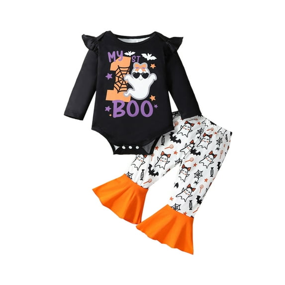 Wassery 2Pcs Baby Girl Fall Outfits Long Sleeve Letter Ghost Spider Web Bat Print Sweatshirt Rompers Tops Flare Pants 3M 6M 9M 12M 18M 24M Toddler Halloween Clothes Set