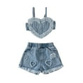 thumbnail image 1 of Wassery 2Pcs Baby Girls Summer Outfits 3 6 9 12 18 24 Months Infant Girls Denim Shorts Set Sleeveless Heart Camisole and Elastic Ripped Denim Shorts, 1 of 9