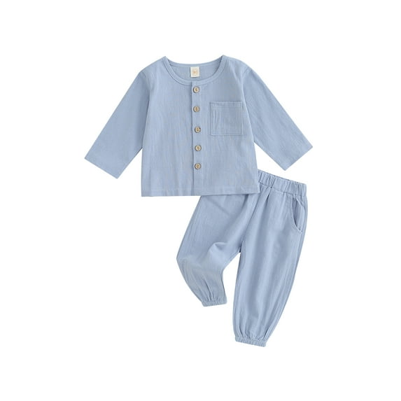 Wassery 2Pcs Kids Boys Girls Fall Outfits Toddler Cotton Linen Clothes Solid Color Buttons Crew Neck Long Sleeve Tops and Elastic Waist Long Pants Set 6M-4T