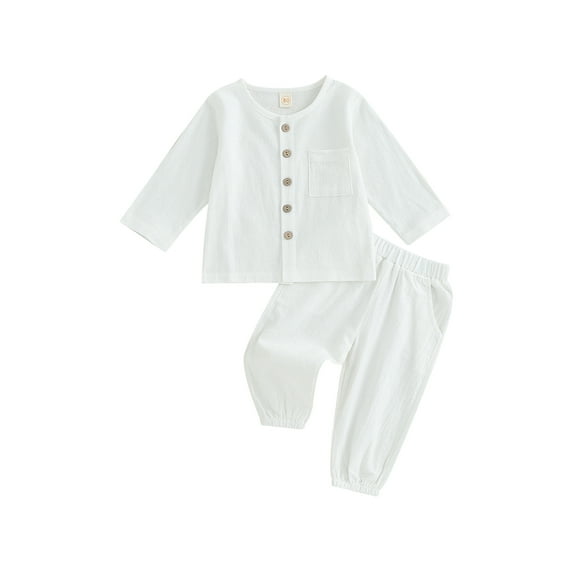 Wassery 2Pcs Kids Boys Girls Fall Outfits Toddler Cotton Linen Clothes Solid Color Buttons Crew Neck Long Sleeve Tops and Elastic Waist Long Pants Set 6M-4T